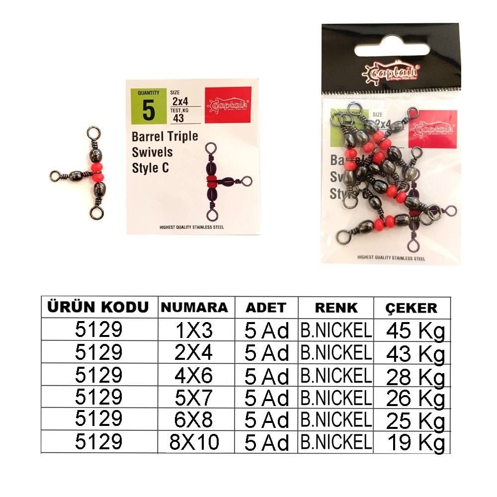 Captain 5129 Üçlü Boncuklu T Fırdöndü 6'lı Paket Black Nikel